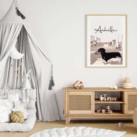 Affiche Portrait Atelier de Lou Affiche personnalisée portrait minimaliste chien sur fond coloré