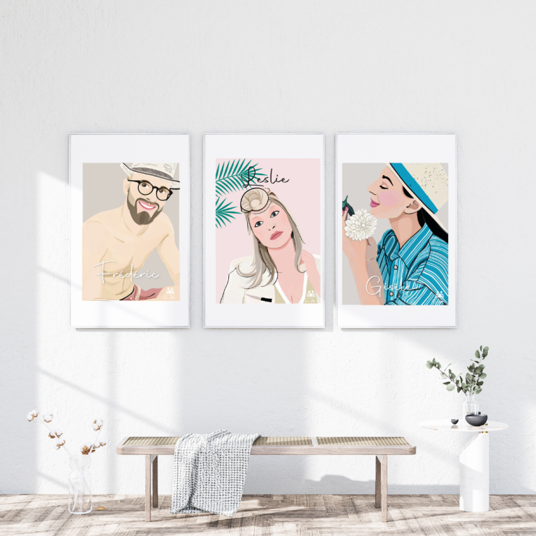 affiches-portraits-minimalistes Trois portraits personnalisés minimalistes sur un mur, représentant des personnages sur fond coloré.